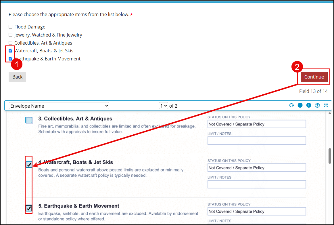 Numbered diagram: (1) checkboxes for "Watercraft, Boats, & Jet Skis" and "Earthquake & Earth Movement" checked in the Multiple Choice field, and (2) the Continue button, with an arrow pointing to the matching checked boxes for items 4 and 5 on the document.