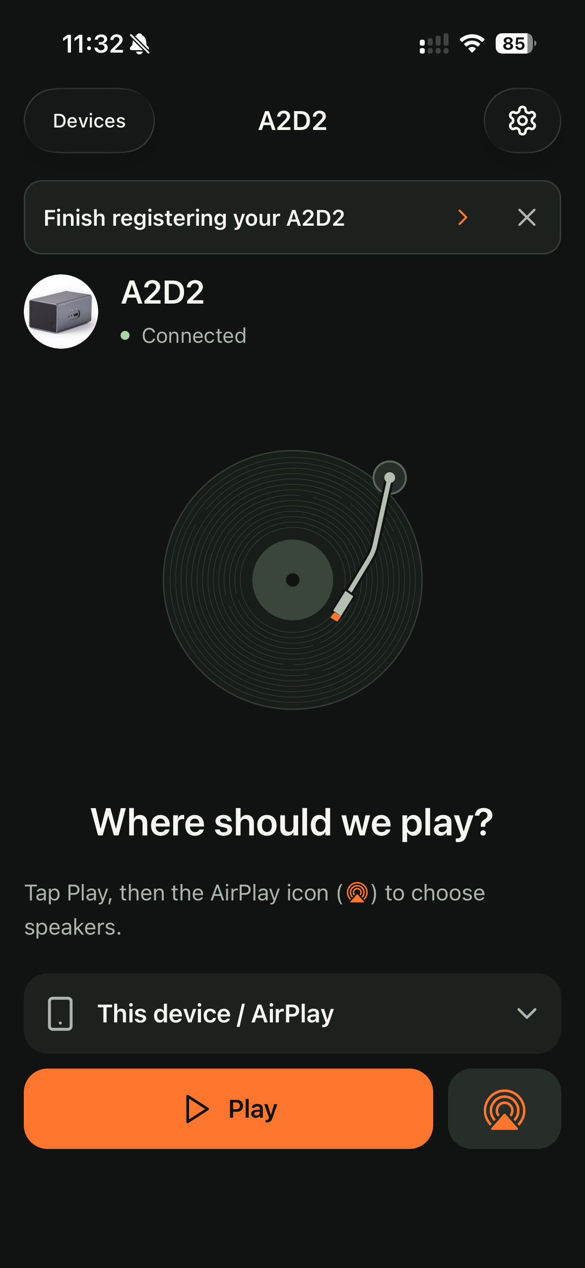 iPhone: choose This device / AirPlay and tap Play to listen on the phone. Leave AirPlay unselected.