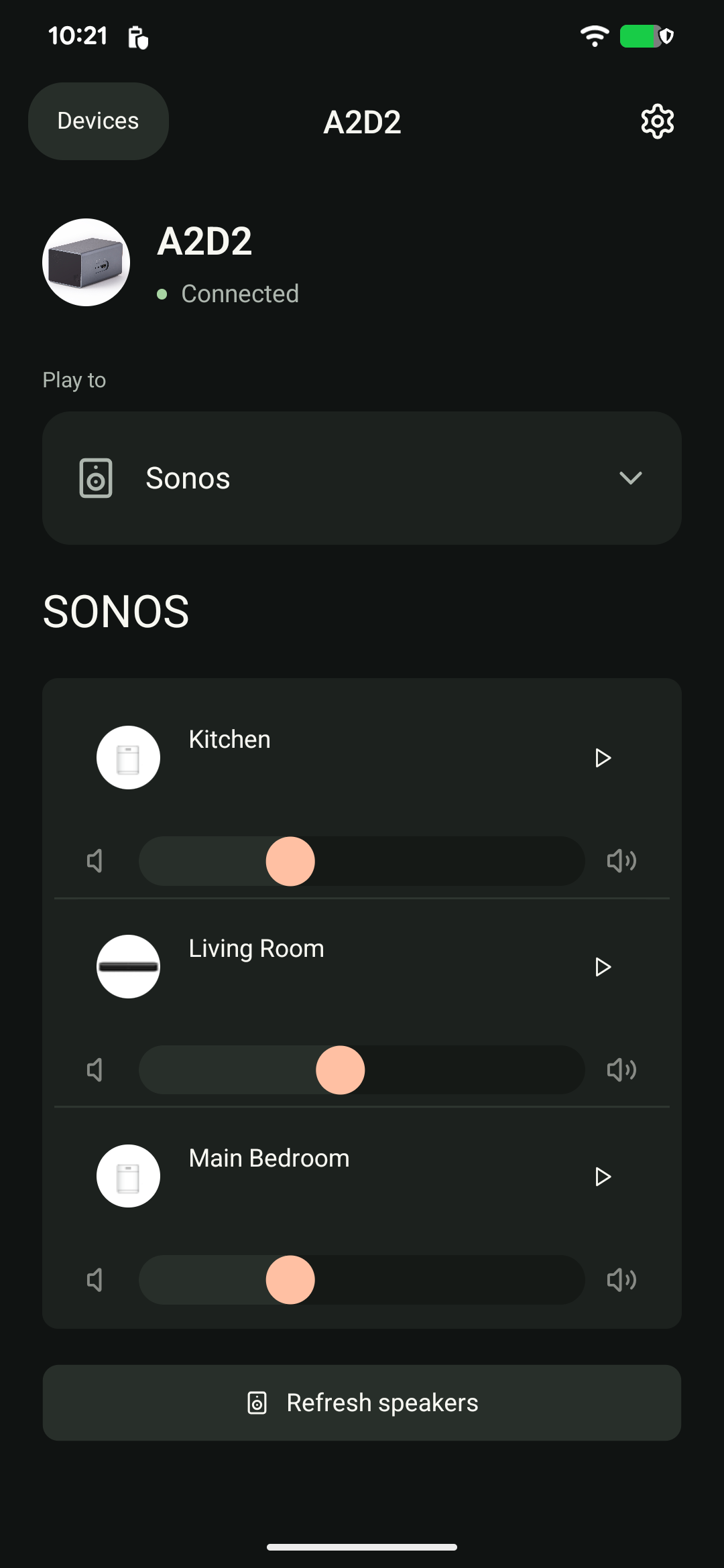 Sonos: playback and volume controls, with Refresh speakers below.