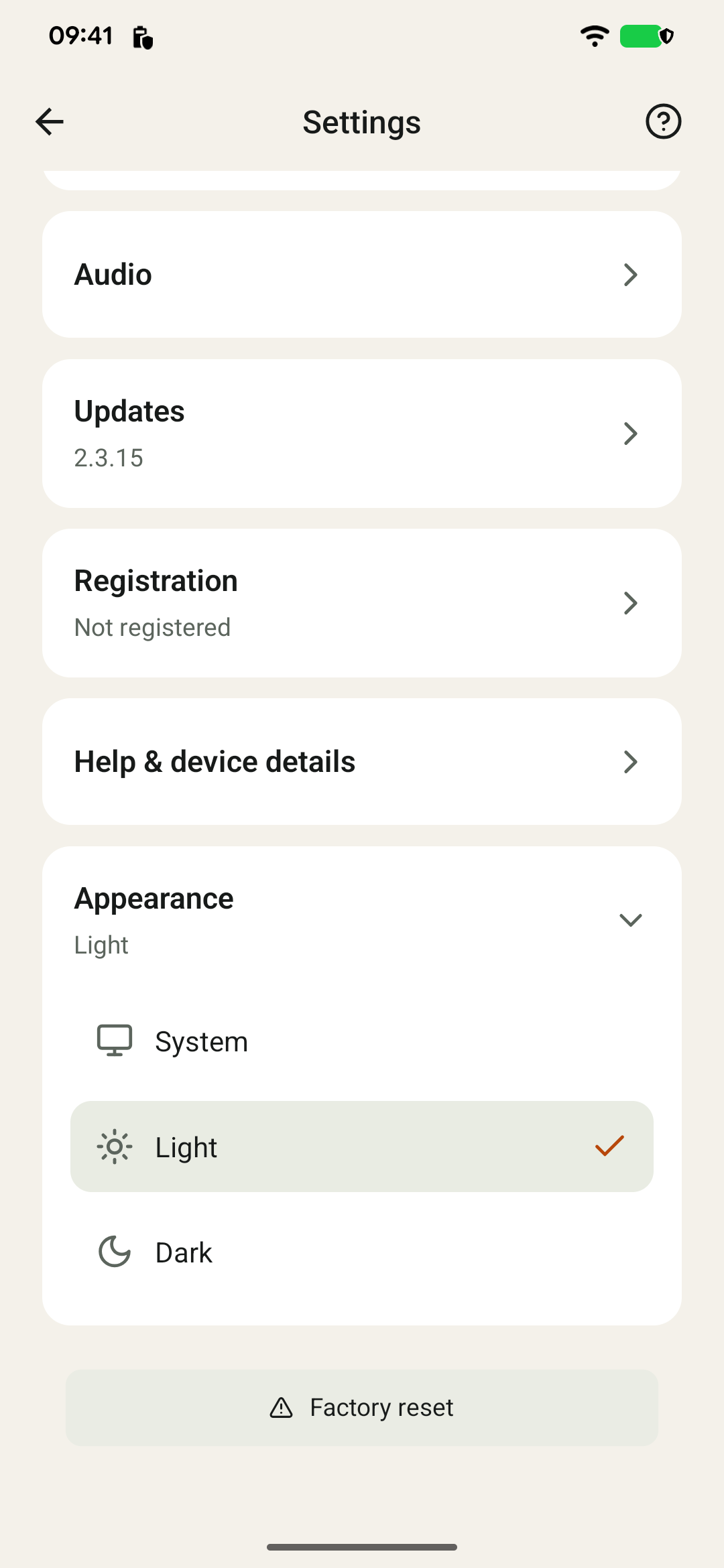 Appearance: choose System, Light or Dark.