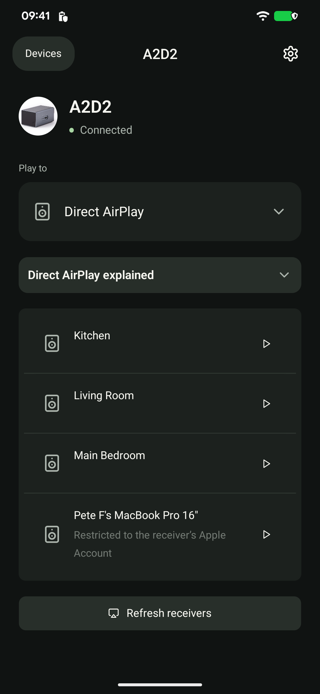 Direct AirPlay: tap Play beside one receiver. Refresh receivers searches again.
