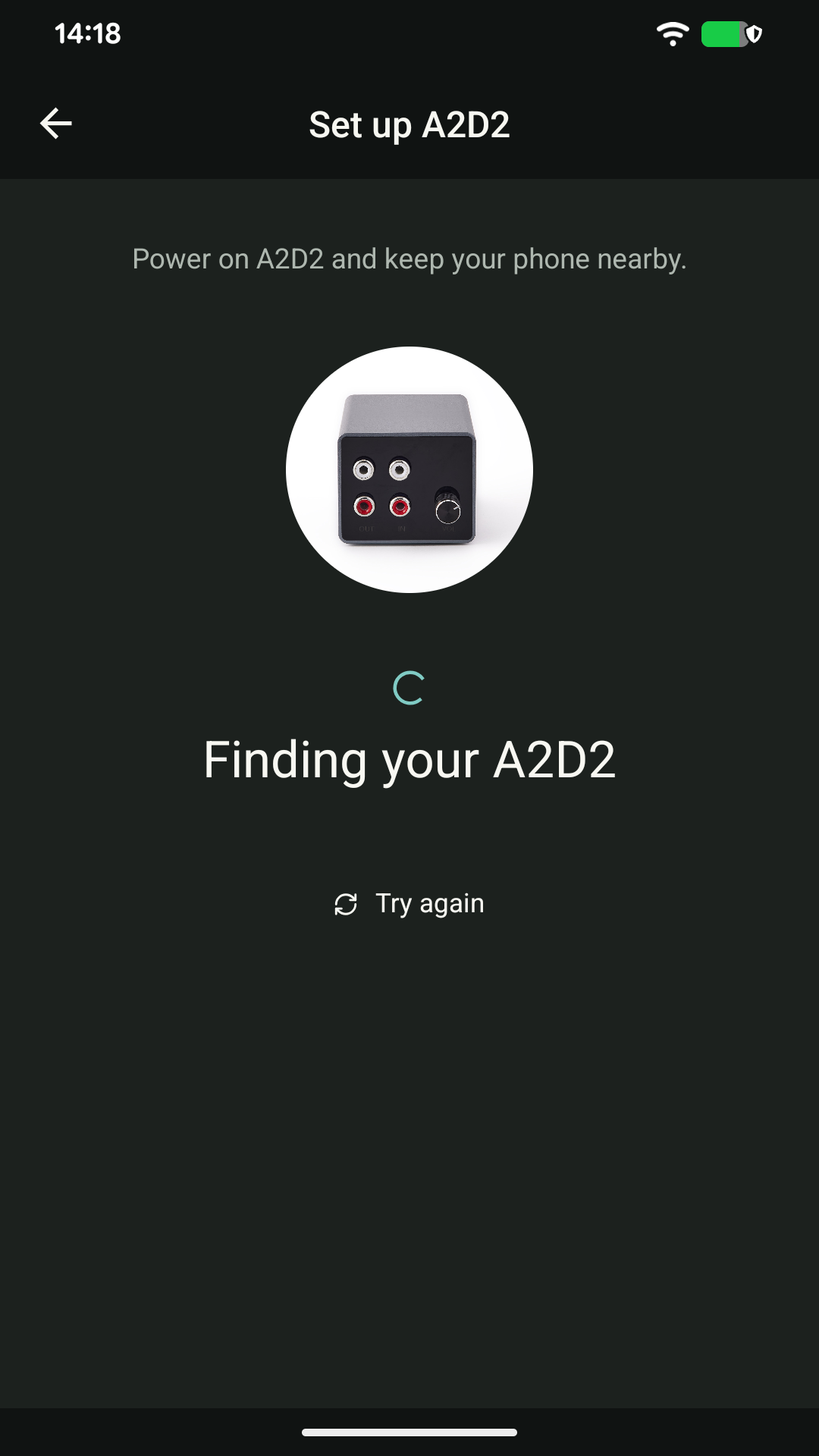 Choose Add a device, power on A2D2 and keep the phone nearby while the app searches.