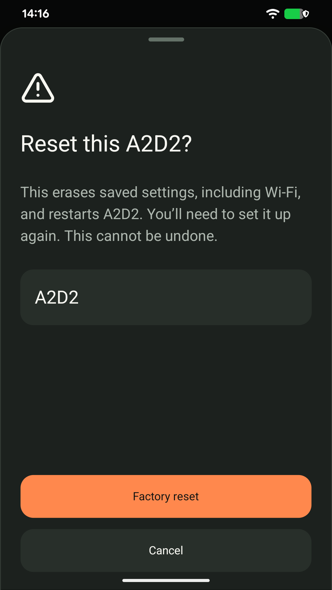 Read the reset warning before continuing. Factory reset clears saved settings and restarts A2D2; Cancel leaves them unchanged.
