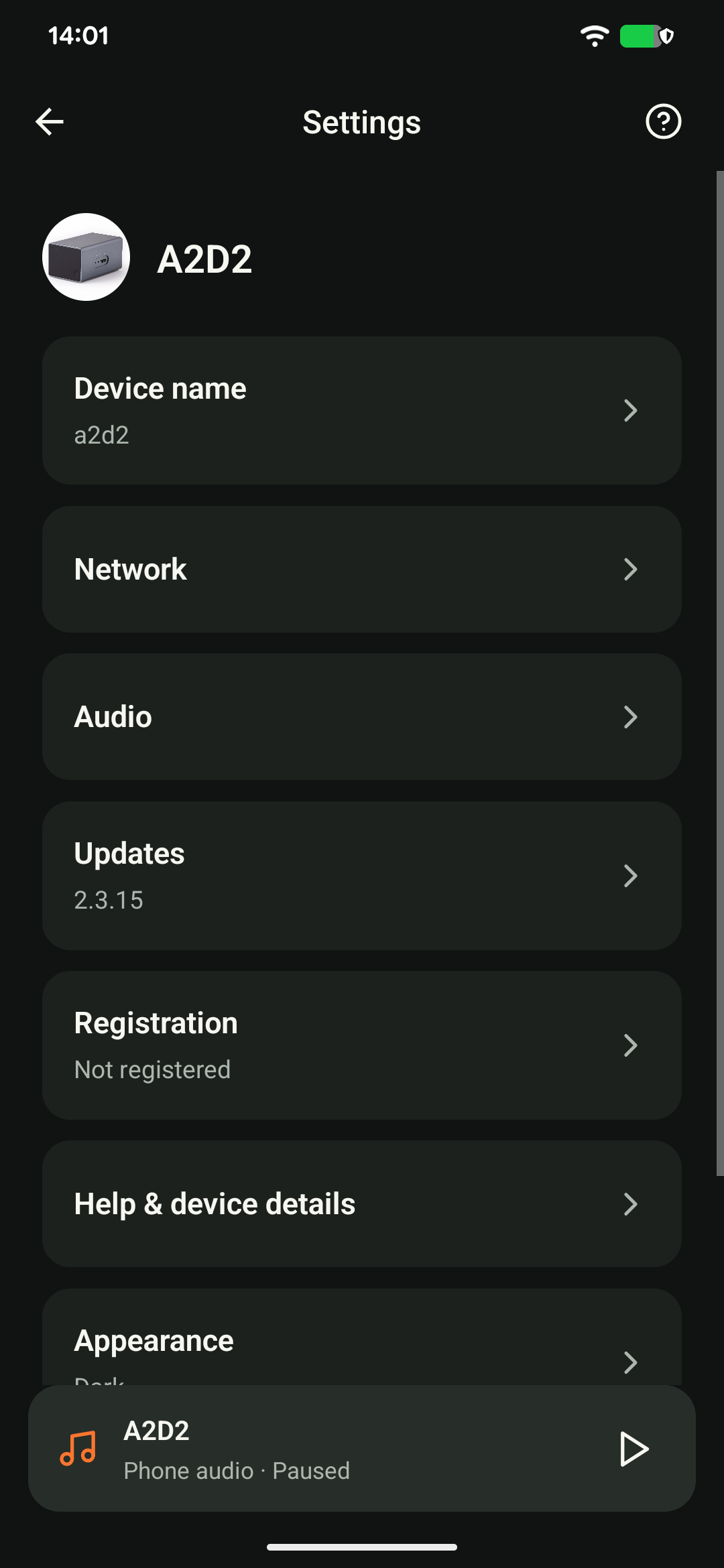 Open Settings to find the installed firmware version. This app build calls the section Updates; newer builds may call it Software version. The number shown is an example.