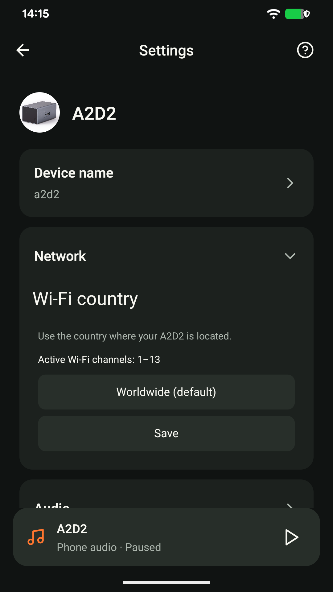 Settings → Network shows Wi-Fi country and active channels. Choose the country where A2D2 is located.