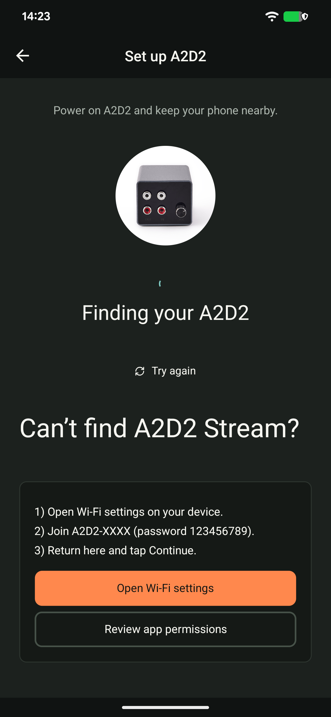 If Bluetooth discovery does not find A2D2, follow the setup-WiFi fallback shown by the app. Open WiFi settings or review the app permissions, then return to setup.