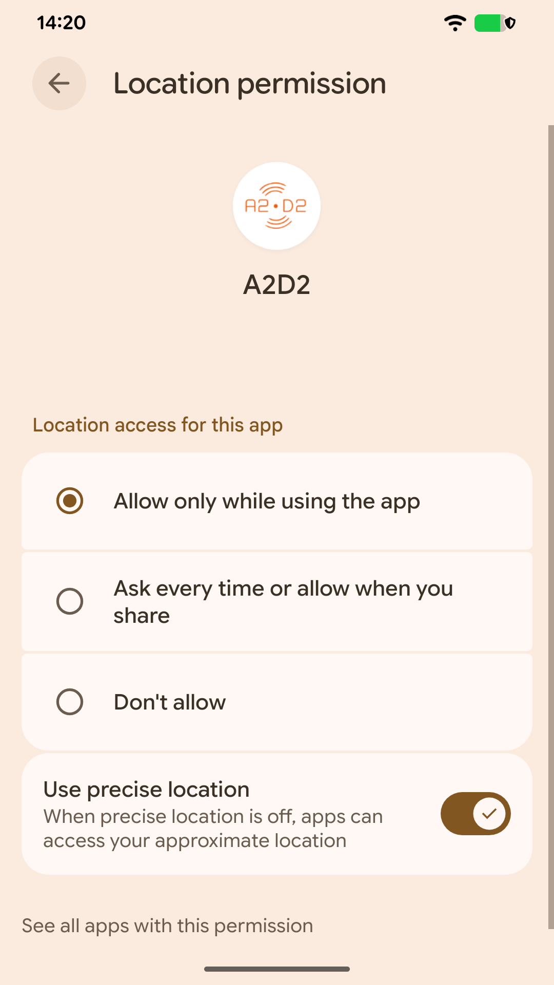 When Android requests Location for setup scanning, allow it while using the app. Menu wording varies by Android version.