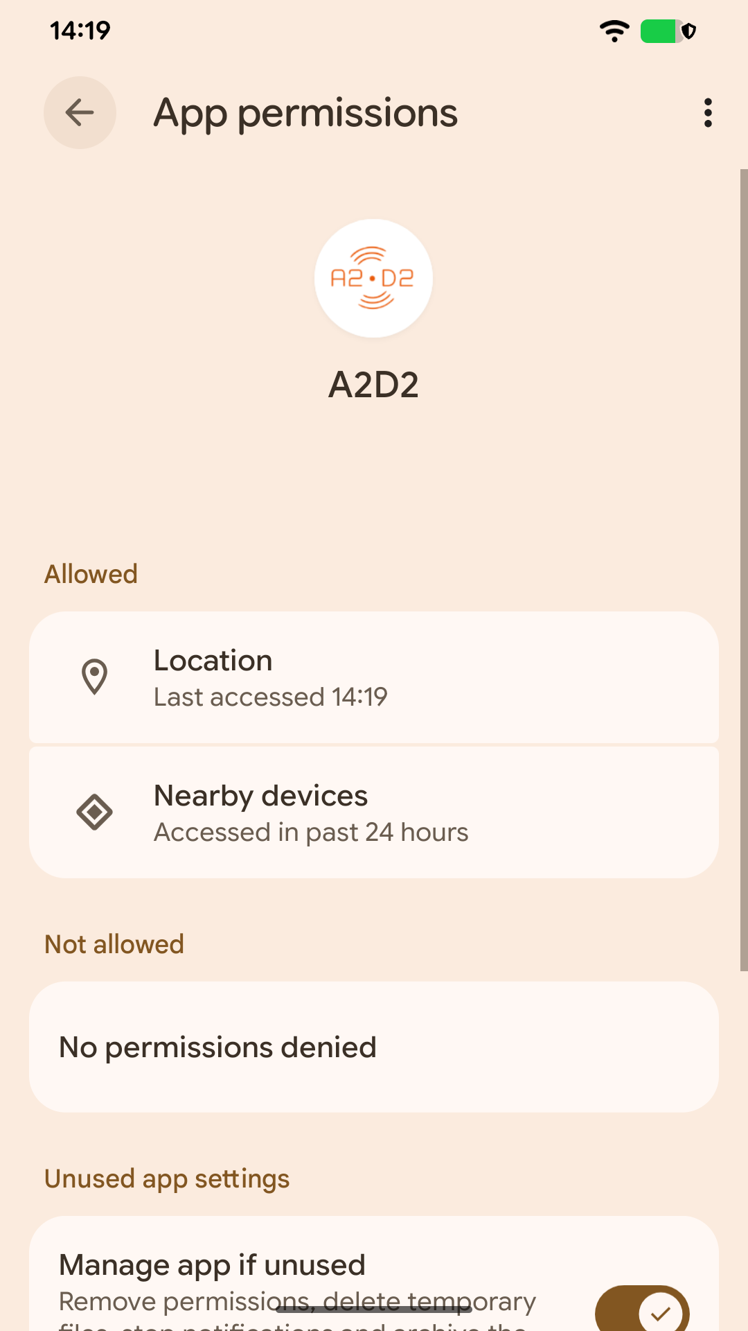 Android Settings → Apps → A2D2 → Permissions. Check Location and Nearby devices when requested by setup.