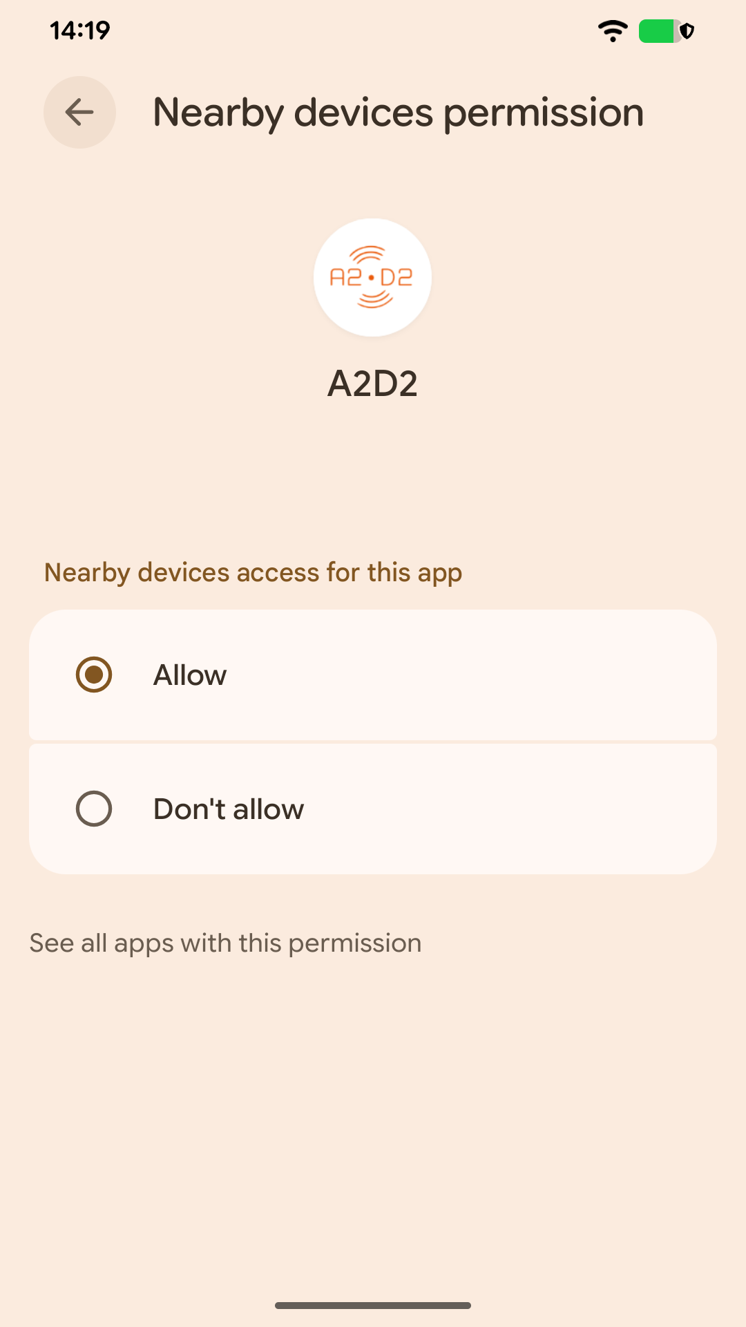 Allow Nearby devices access so A2D2 can discover and connect to nearby devices during setup.