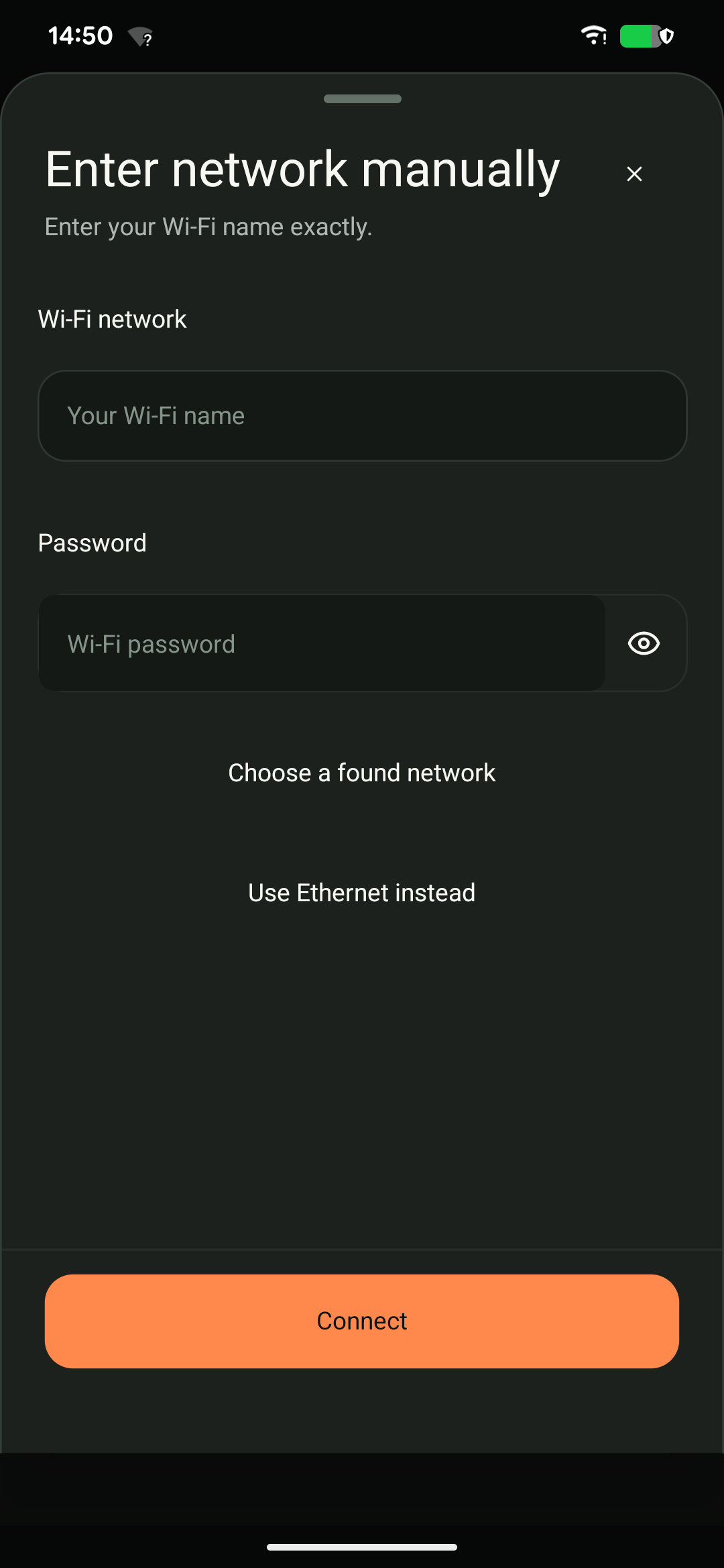Enter network manually: escribe el nombre exacto de tu Wi-Fi y su contraseña. Choose a found network vuelve a buscar redes.