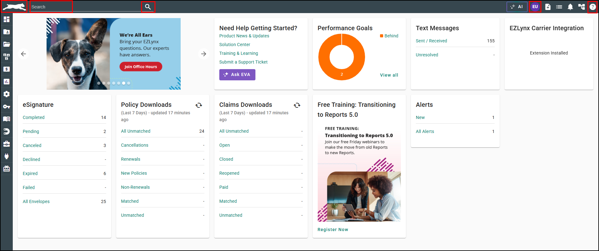 EZLynx Home Page with the logo, Super Search, Applicant Search, User Profile, and Help icons highlighted in the top navigation bar.