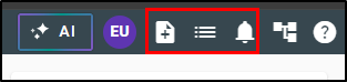 Add Note (page with a plus sign), Task List (bulleted list), and Notifications (bell) icons highlighted in the top navigation bar, next to your initials.