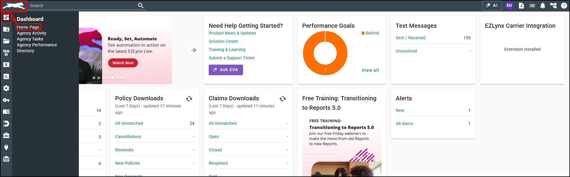 EZLynx Home Page with the logo highlighted, and the Dashboard menu open in the left navigation bar with Home Page highlighted.