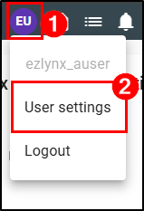 User Profile menu open, with step 1 marking your initials icon and step 2 marking User Settings.