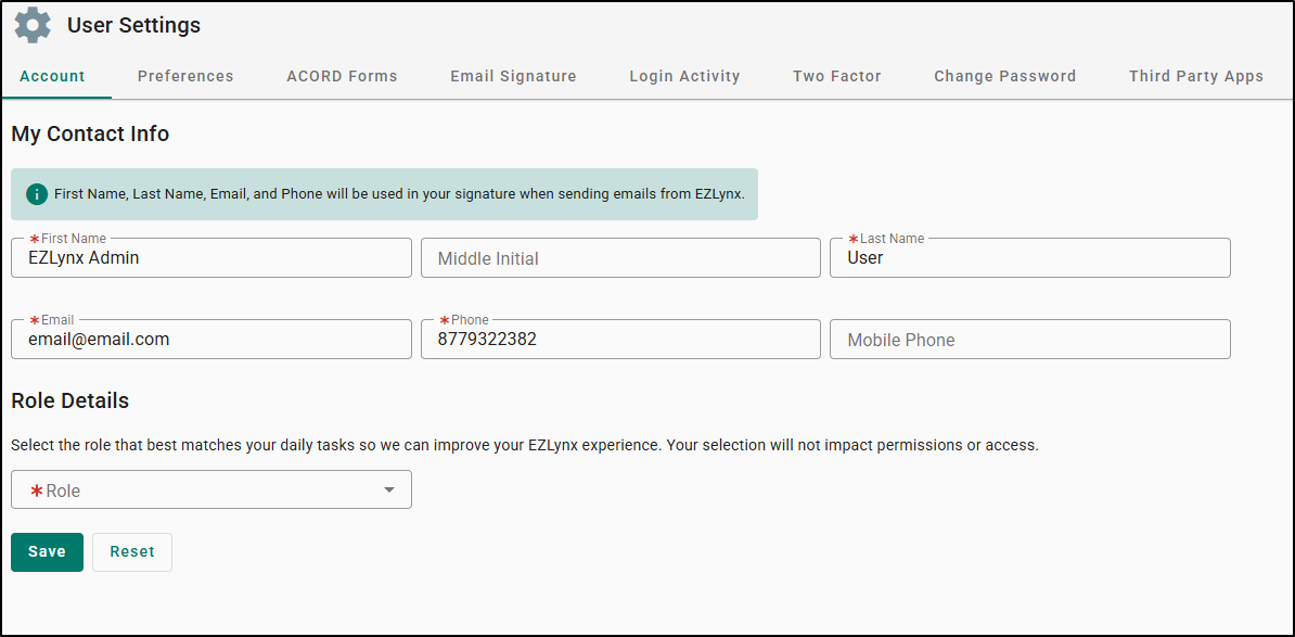 User Settings page open to the Account tab, with tabs for Preferences, ACORD Forms, Email Signature, Login Activity, Two Factor, Change Password, and Third Party Apps.