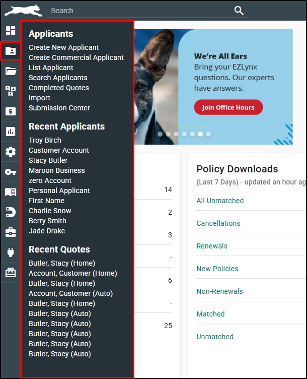 Applicants icon highlighted in the left navigation bar, with its menu open showing Applicants links, Recent Applicants, and Recent Quotes.