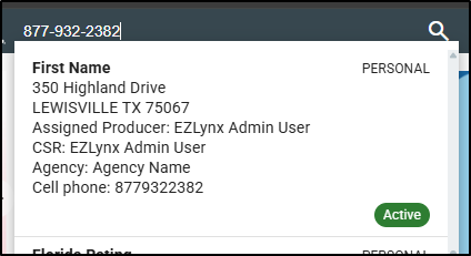 Super Search with a phone number entered, showing a matching personal account with its address, producer, CSR, agency, and Active status.