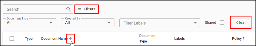 Search bar on the Documents page, with the Filters button, the Clear button, and the sort arrow on the Document Name column highlighted.