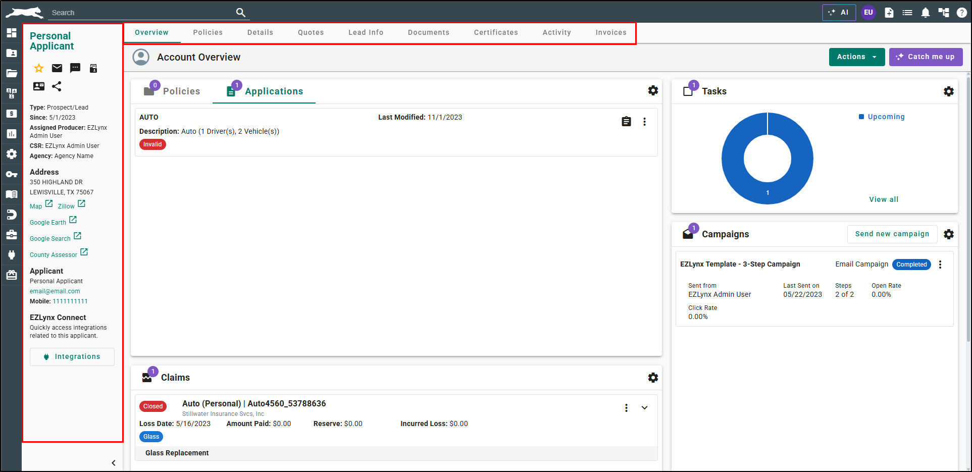 Applicant account open to the Overview tab, with the Applicant Pane on the left and the tabs across the top highlighted: Overview, Policies, Details, Quotes, Lead Info, Documents, Certificates, Activity, and Invoices.