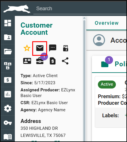 Customer Account panel on the left side of an account, with the email envelope icon outlined in red in the row of icons below the heading.