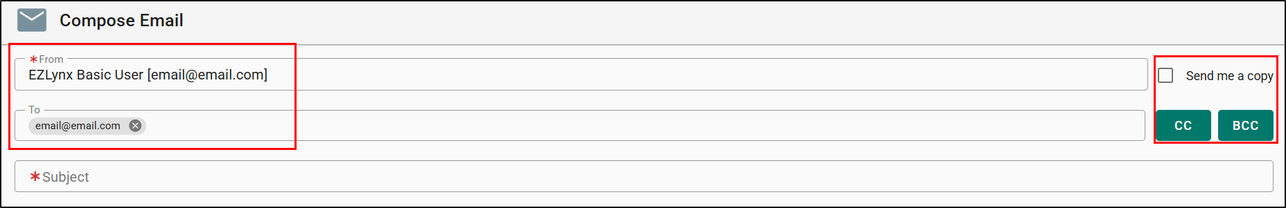 Top of the Compose Email page, with the From and To fields outlined in red on the left. On the right, the "Send me a copy" checkbox and the CC and BCC buttons are outlined in red.