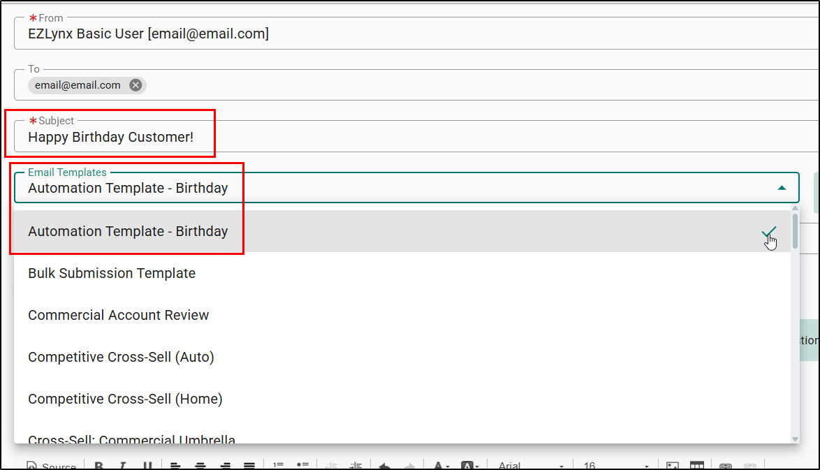 Compose Email page with the Subject field filled in and the Email Templates drop-down open, showing "Automation Template - Birthday" selected.