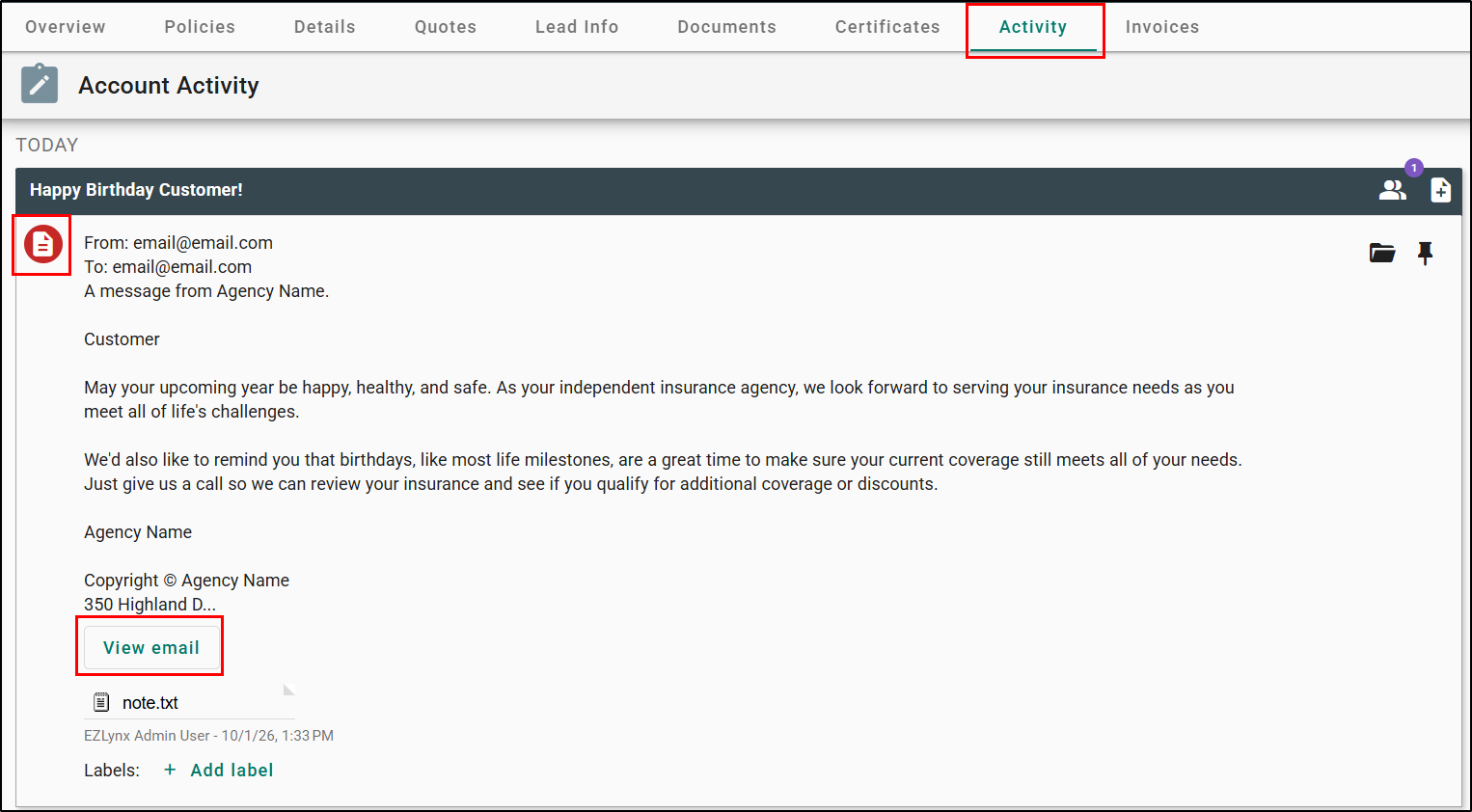 Account Activity page with the Activity tab outlined in red. Under "Today," a sent email titled "Happy Birthday Customer!" shows a red email icon and a "View email" button, both outlined in red. An attached file and the date and time sent appear below the message.
