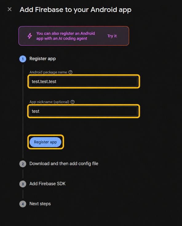 Android package name and App nickname fields, and the Register app button, highlighted in Firebase.