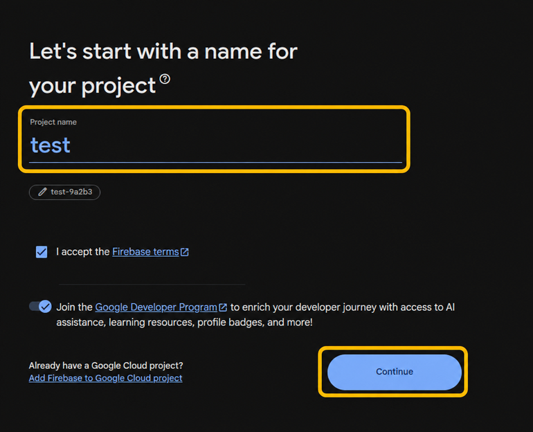 Project name field and Continue button highlighted in the Firebase project creation screen.