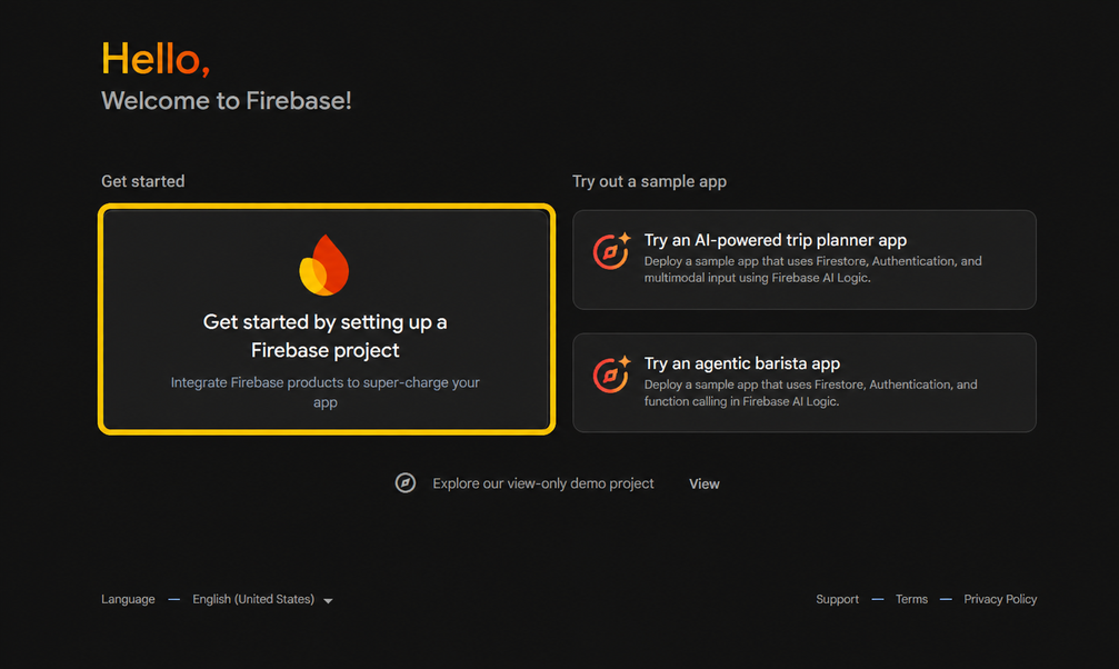 Firebase home page with the project setup card highlighted in yellow.
