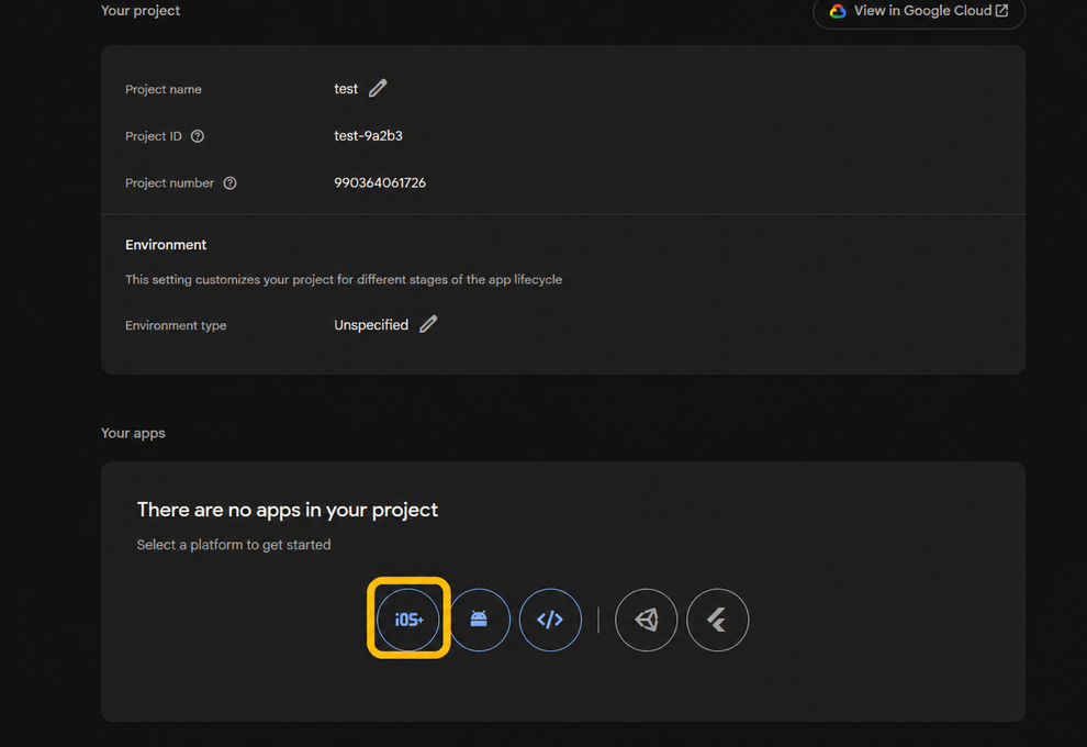 iOS+ platform icon highlighted under Your apps in Firebase project settings.