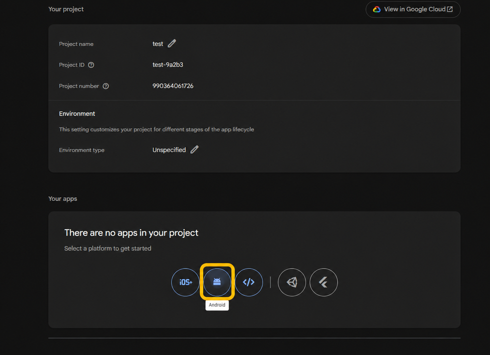 Android platform icon highlighted under Your apps in Firebase project settings.