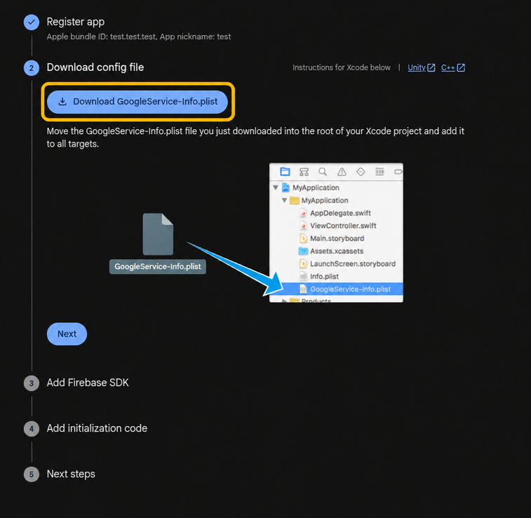 Download GoogleService-Info.plist button highlighted in the Firebase iOS app setup screen.