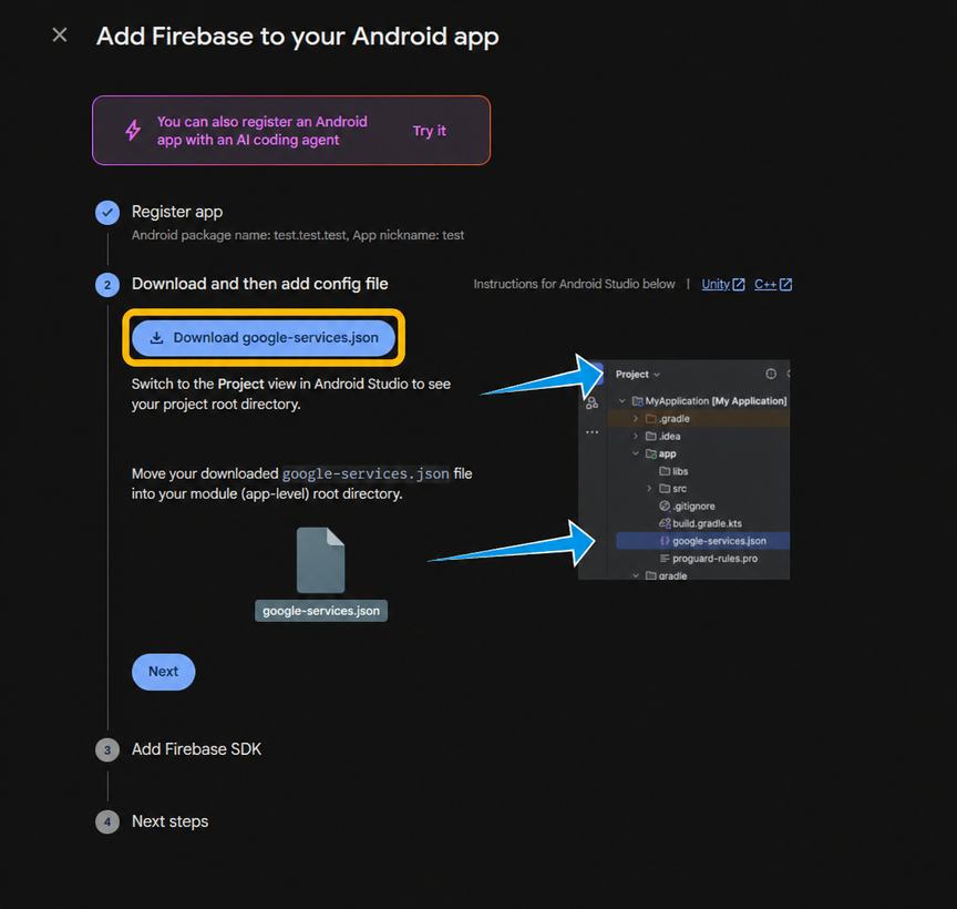 Download google-services.json button highlighted in the Firebase Android app setup screen.