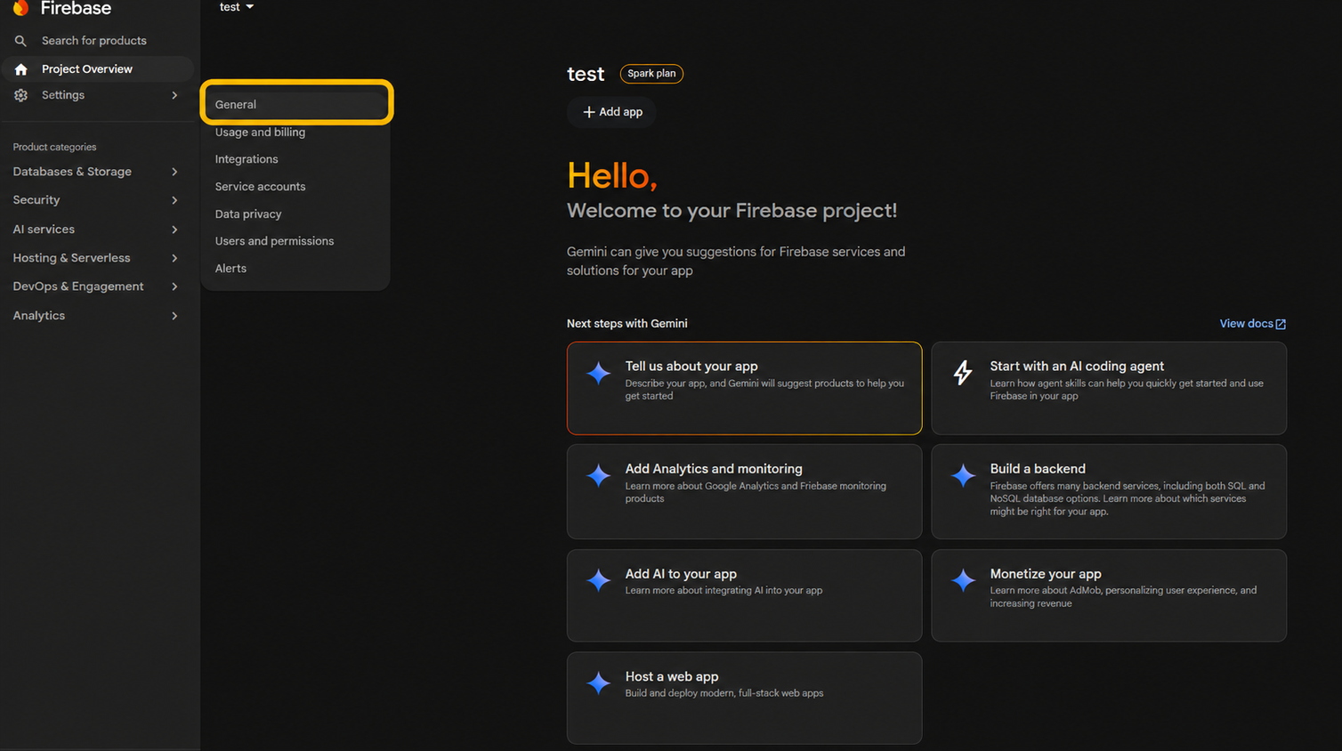 General highlighted in the open Firebase project Settings menu.