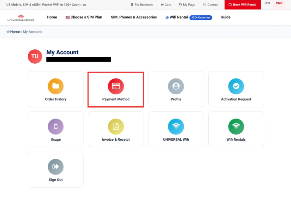 My Page payment method update screen