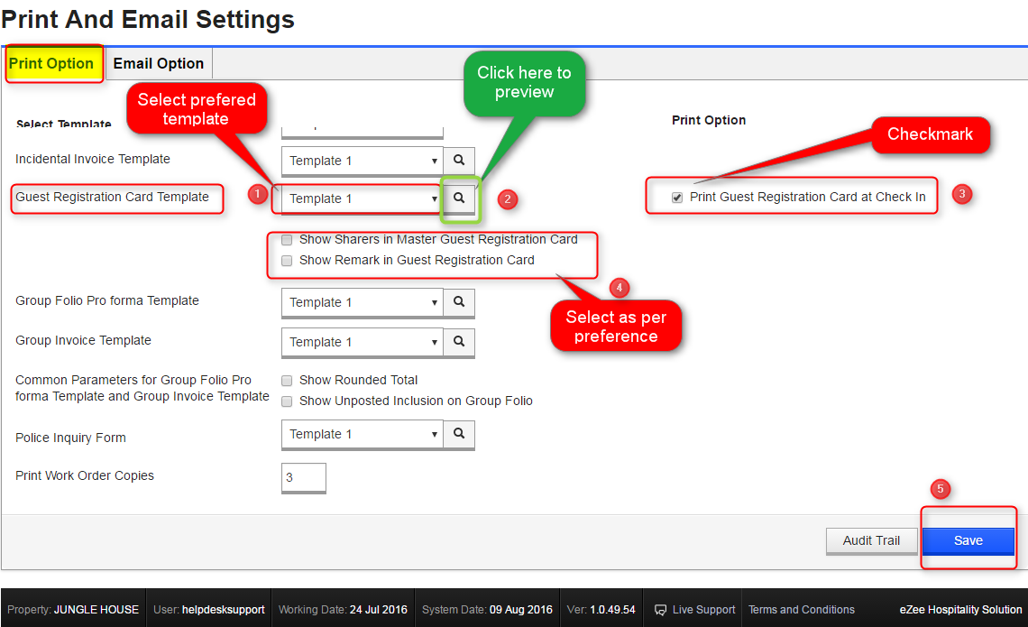 How to print the Guest Registration card automatically upon checkin