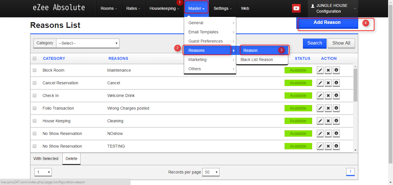 How to define reasons for Block Room, Cancel Reservation, Check In, Check Out, Folio Transaction