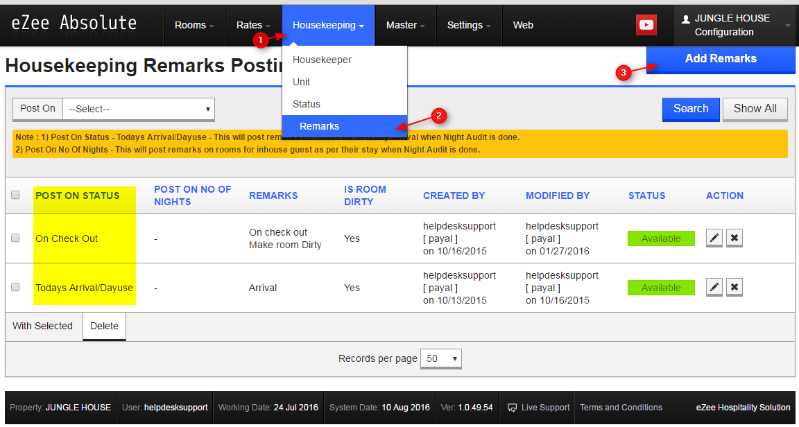 How to configure Housekeeping remarks on a room status in eZee Absolute