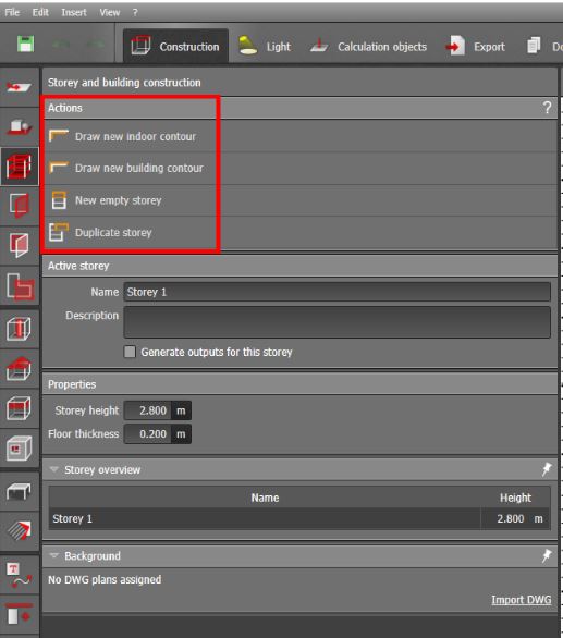Actions in Storey and building construction : Knowledge Base DIALux evo