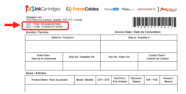 Shopper+ Inc's tax numbers (GST, PST, QST, RST) : Shopper+