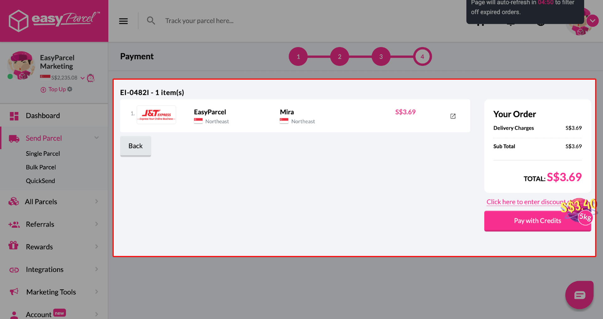 How to apply coupon during shipment creation? EasyParcel (Singapore