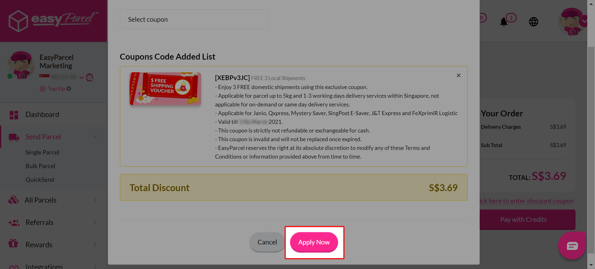 How to apply coupon during shipment creation? EasyParcel (Singapore