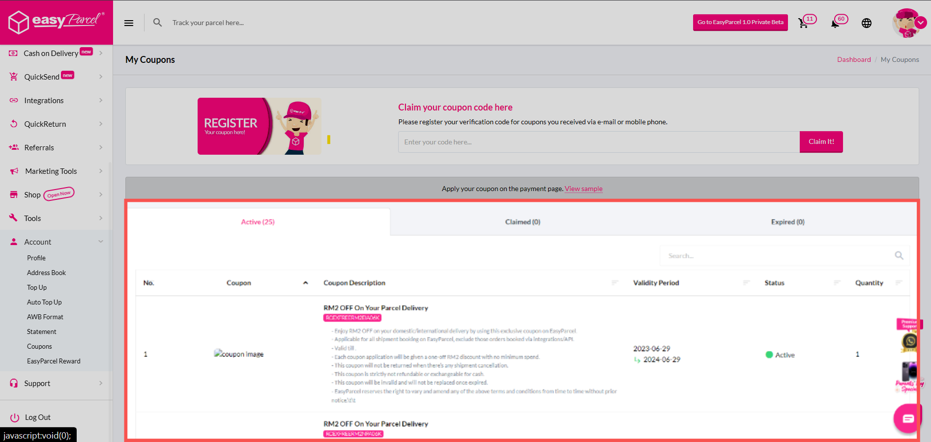 Active coupons section displaying available EasyParcel coupon codes