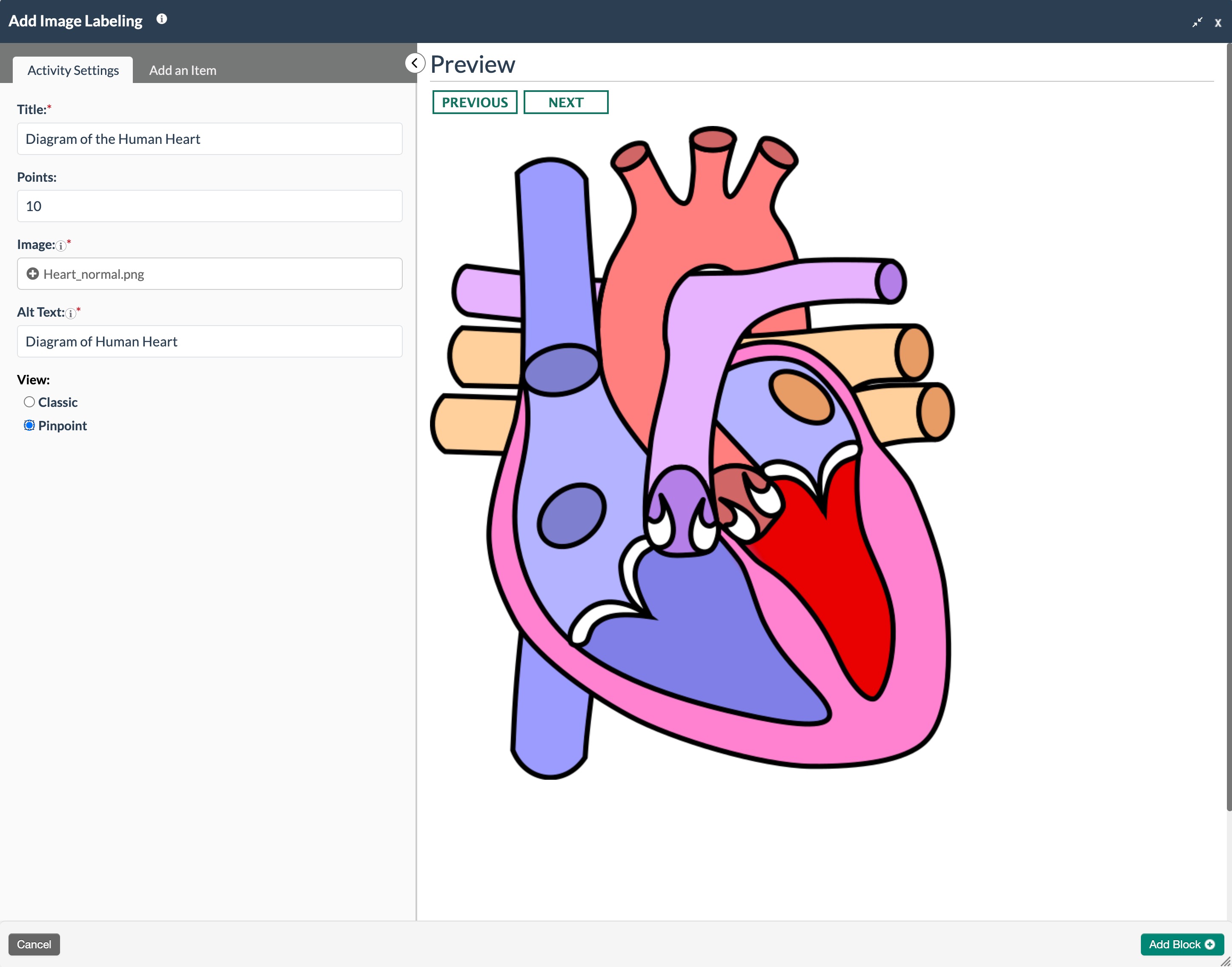 Screenshot of the image labeling Activity Settings tab featuring the following fields: title, points, image, alt text, and view