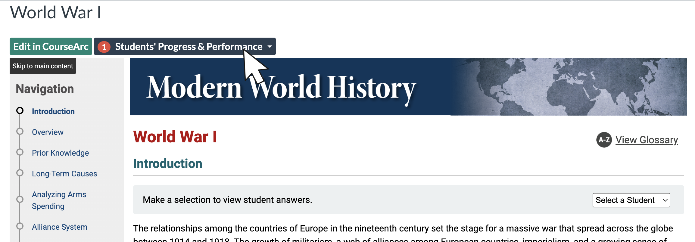 CourseArc content from the instructor view, with the cursor over the Student Progress and Performance button.