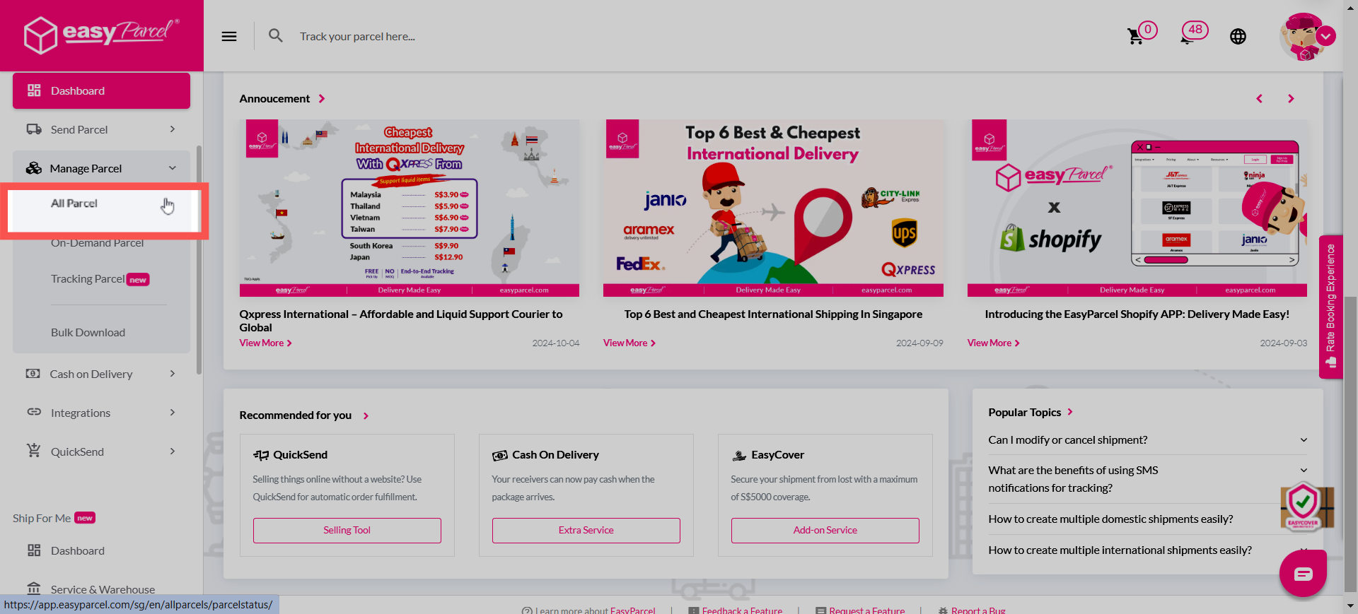 Navigate to All Parcel under Manage Parcel on the dashboard