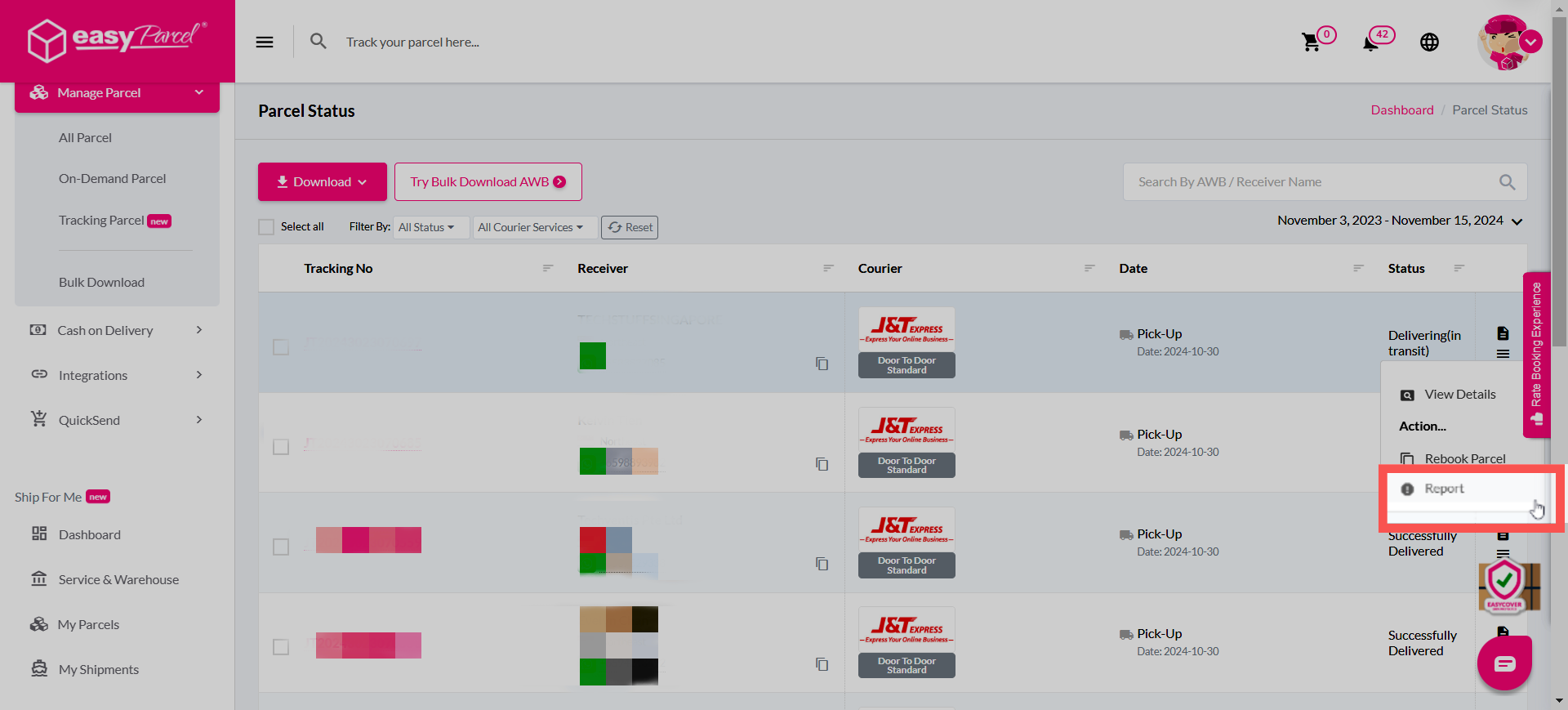 Select the Report option from the parcel action menu