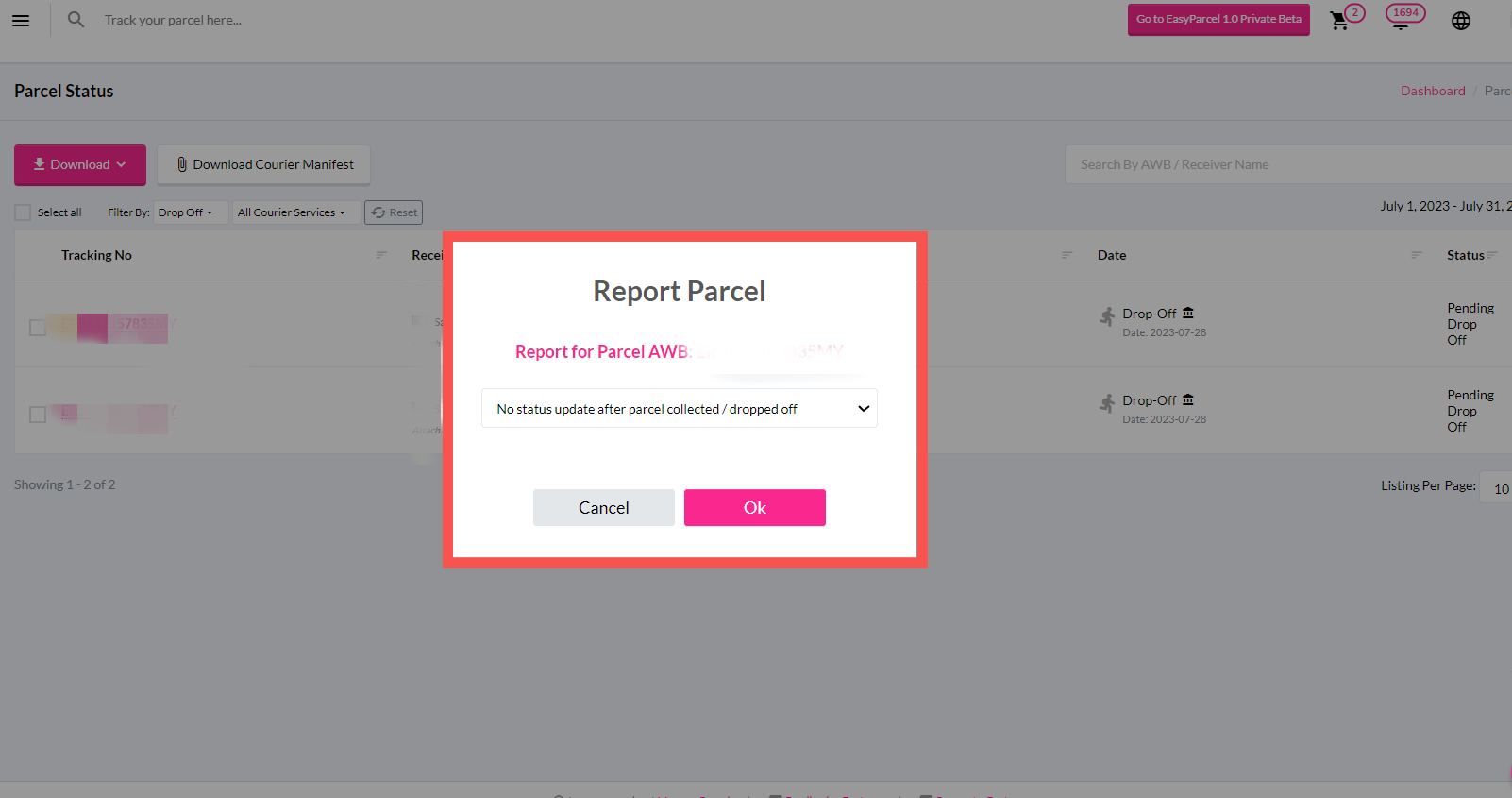 Choose the specific reporting reason for no tracking update