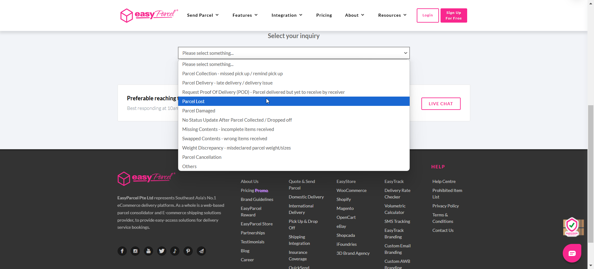 Select Parcel Lost from the enquiry options